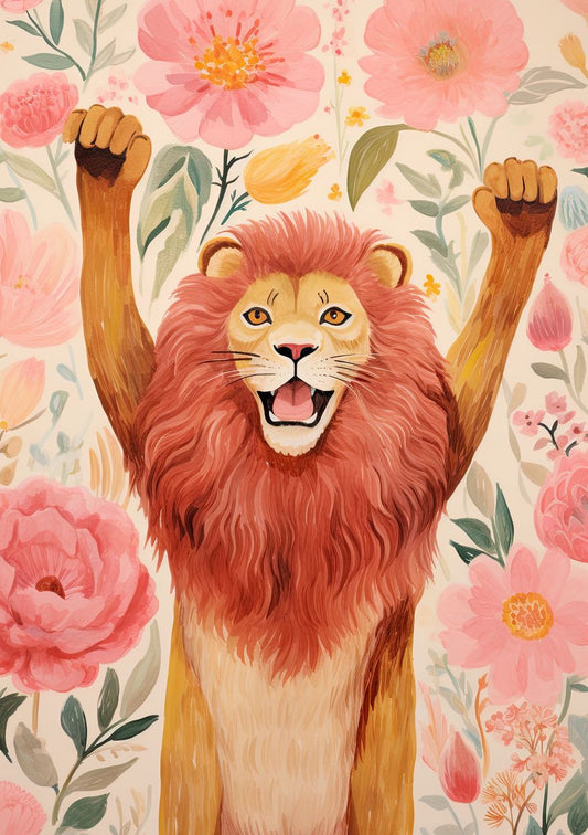 Lion next to flowers